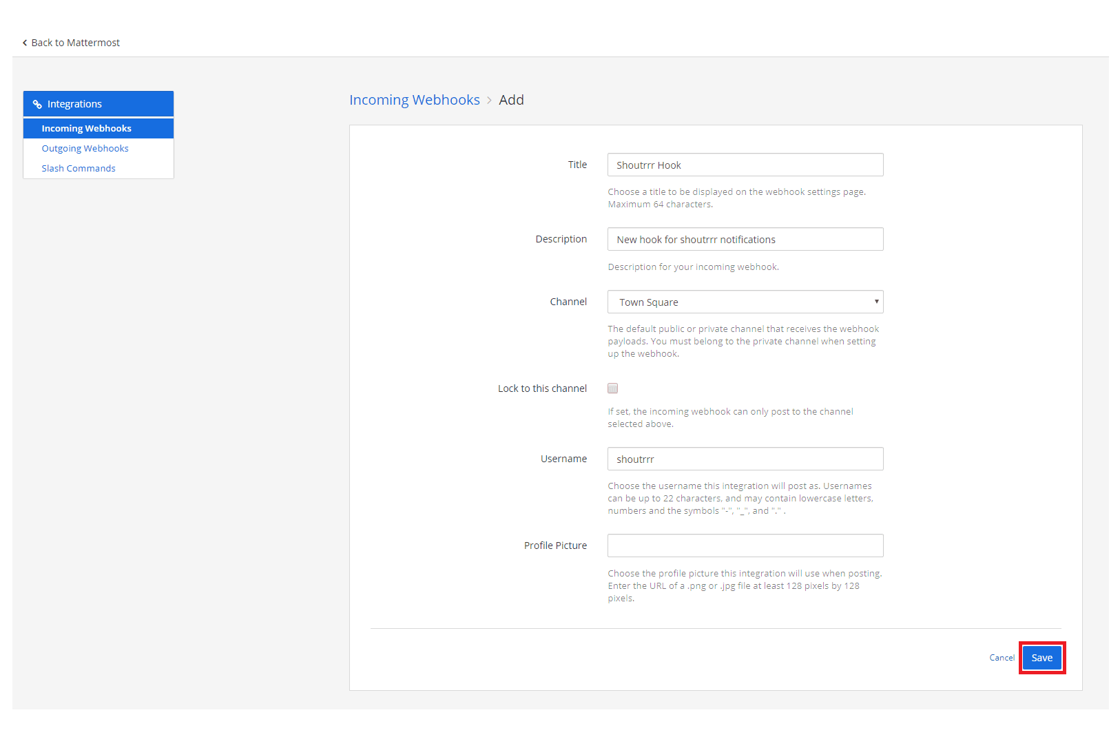 Screenshot 4: Fill in the information for the webhook and click _Save_
